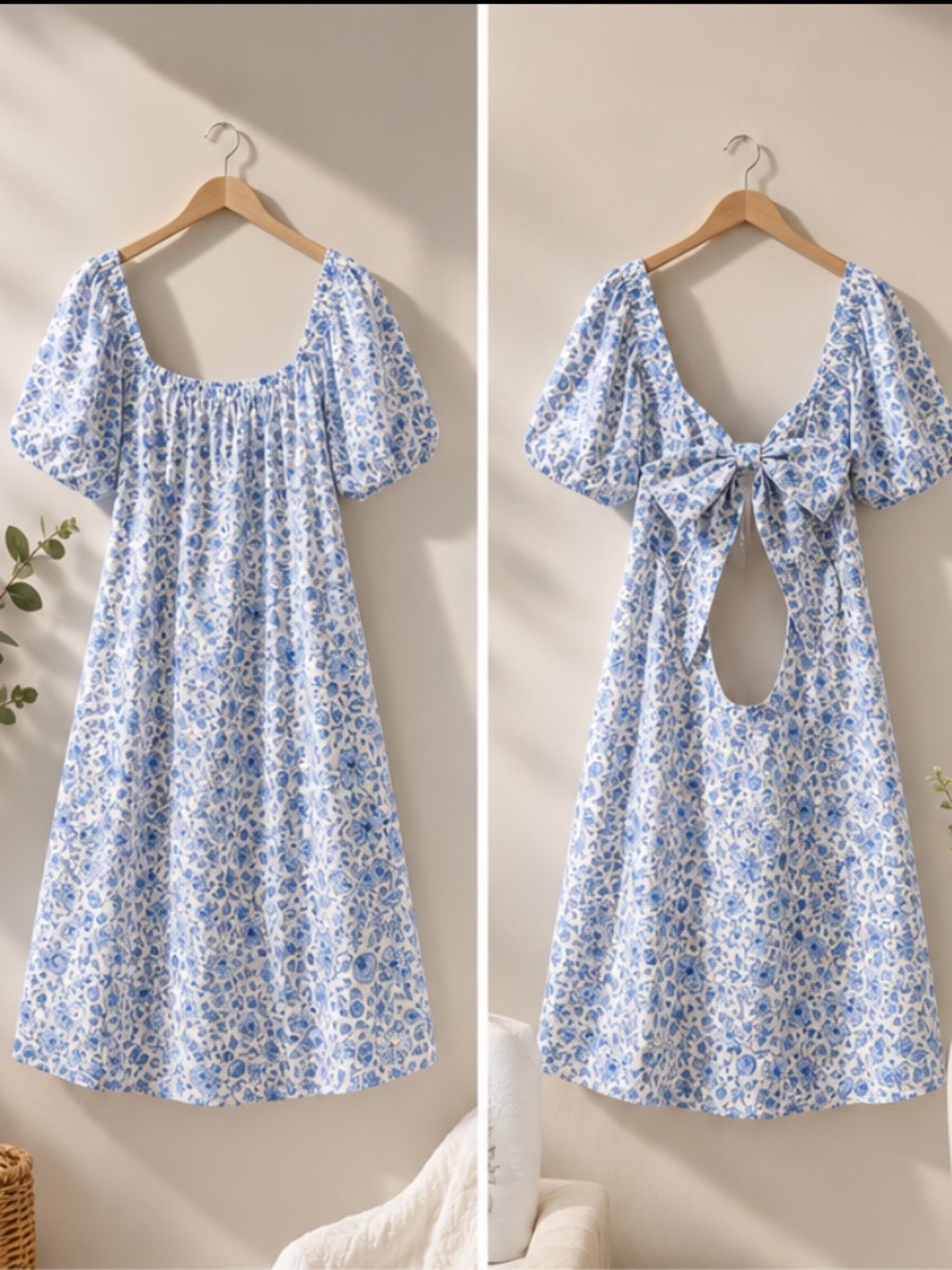 Gianni Bini Blue and White Floral Puff-Sleeve Dress
